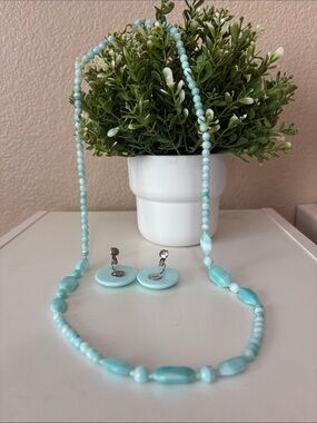 Vintage Light Aqua Beaded Necklace & Clip-On Earrings - Brand